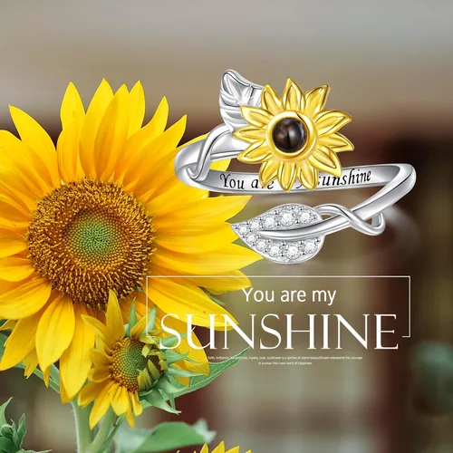 Miniatura 3 de DAOCHONG Anillo de girasol de plata de ley con la frase "You are my sunshine", anillo de piedra con texto en inglés "I Love You", anillo giratorio