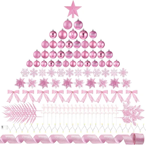 Miniatura 11 de Poen Juego de 108 adornos para árbol de Navidad, incluye bolas para árbol navideño, flor de pascua con purpurina, lazos, bayas, tallos, hojas, copos