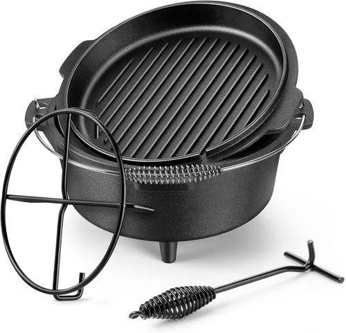 HaSteeL Horno holandés de hierro fundido de 7 cuartos de galón, olla grande 2 en 1 presazonada y sartén con tapa, utensilios de cocina pesados