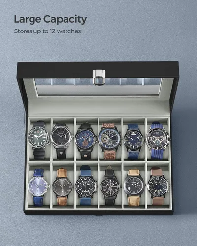 Miniatura 5 de SONGMICS Caja de reloj, caja de 12 ranuras con tapa de vidrio grande, almohadas de reloj extraíbles, regalo para seres queridos, cuero sintético