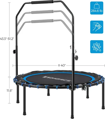 Miniatura 6 de SONGMICS Mini trampolín de fitness de 40 pulgadas, rebote de fitness con pasamanos ajustable, trampolín plegable para entrenamiento en casa, carga