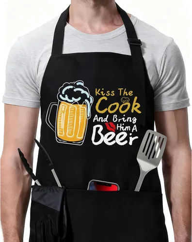 ZOORON Divertidos delantales de chef negros para hombres, ajustables, para barbacoa, cocina, con bolsillos, accesorios para parrilla Besa al