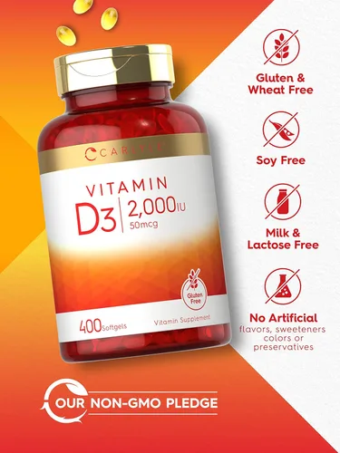 Miniatura 4 de Carlyle Vitamina D3 2000IU cápsulas blandas 400 unidades Fórmula sin OMG, sin gluten 50 mcg Suplemento de vitamina D