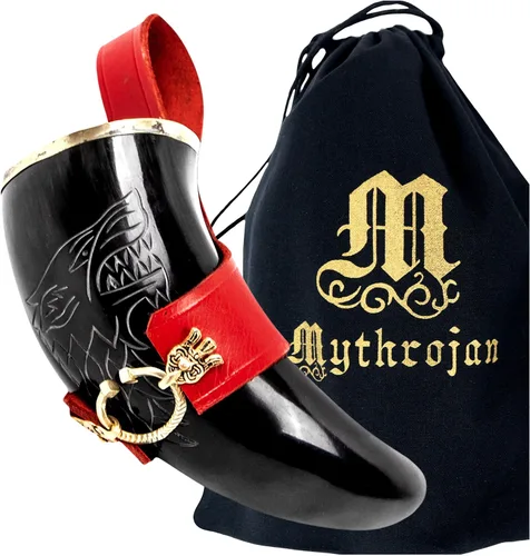 Miniatura 24 de Mythrojan Cuerno vikingo para beber 100% natural, auténtico, decoración de latón, cuerno nórdico con funda de cuero negro, bolsa de lona para vino