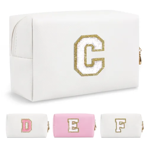 Miniatura 256 de Pequeña bolsa de maquillaje personalizada con inicial A-Z Preppy Patch, bolsa de cosméticos de viaje de felpilla blanca con cremallera, bonita bolsa