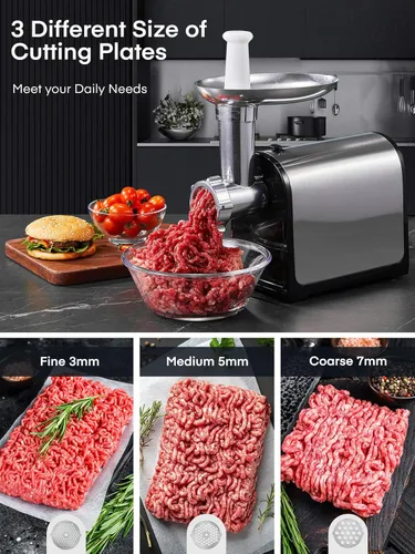 Miniatura 5 de HOUSNAT - Picadora de carne eléctrica, 3200 W máximo para uso doméstico, picadora de carne resistente 3 en 1 con 2 cuchillas y 3 platos, tubo