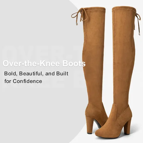 Miniatura 3 de Vepose Botas altas sobre la rodilla para mujer, botas de tacón largo de gamuza de 3.5 pulgadas con cremallera
