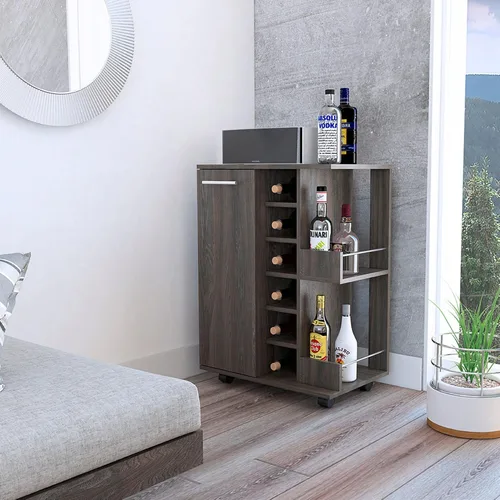 Miniatura 2 de Tuhome Carrito de bar, dos estantes externos, cuatro ruedas, seis estante de vino incorporado, gabinete de una sola puerta -Espresso