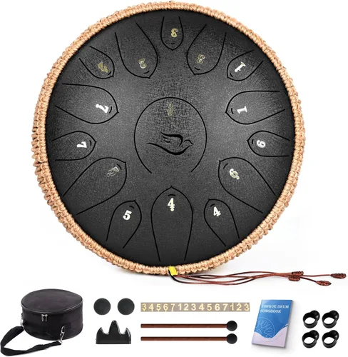 Tambor de Lengua de Acero, 12 Pulgadas 15 Notas Tambores de Lengua, Tambores Handpan Instrumento de Percusión para Niños y Adultos, Tambor de Mano