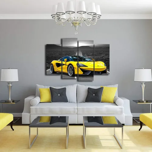 Miniatura 5 de Póster de pared en blanco y negro, 4 piezas de automóvil deportivo amarillo grande, lienzo para habitación de niños, dormitorio, sala de estar
