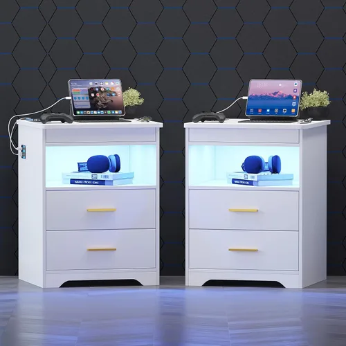 Miniatura 9 de Gurexl Juego de 2 mesitas de noche con estación de carga para dormitorio, mesa auxiliar con cajón secreto para armas, moderna mesa auxiliar LED