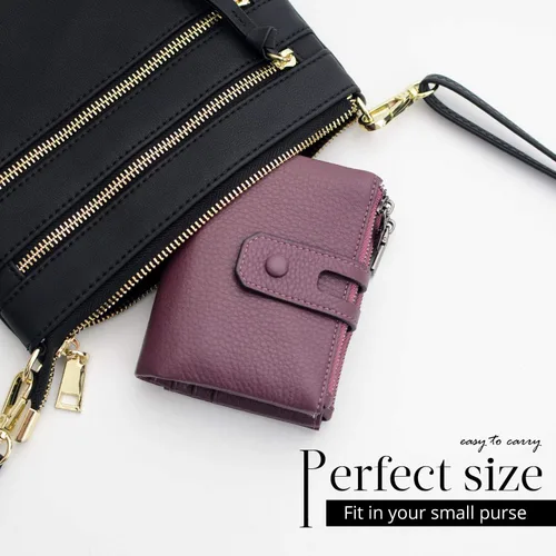 Miniatura 4 de Bveyzi - Billetera pequeña de cuero suave para mujer con bloqueo RFID, tarjetero para damas con doble bolsillo con cremallera