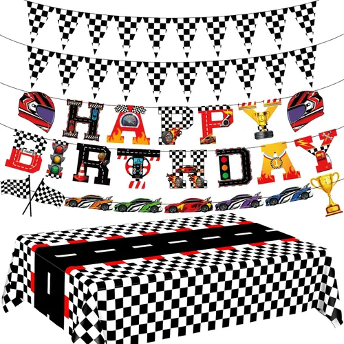 WNINK Manteles con temática de auto de carreras, cartel de feliz cumpleaños, mantel rectangular de carreras, kit de decoración de fiesta de auto de