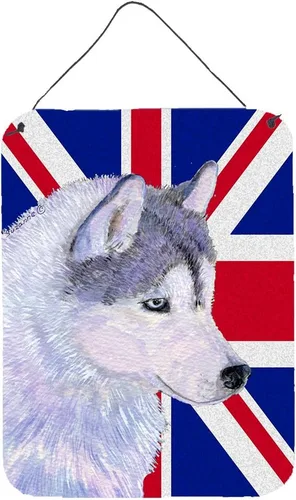 Caroline's Treasures SS4906DS1216 Husky siberiano con bandera inglesa Union Jack británica para colgar en la pared o la puerta, letrero de metal de