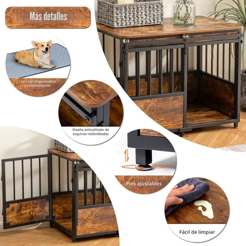 Miniatura 6 de KOOPRO Mueble de jaula para perros de 32 pulgadas con cojín para perros grandes y medianos, perrera de madera resistente con puertas dobles, jaula