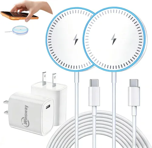 Paquete de 2 cargadores inalámbricos magnéticos, almohadilla de carga rápida de 15 W con adaptador de enchufe PD de 20 W, cable USB C de 5 pies