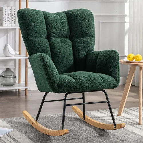 Silla mecedora moderna para cuarto de bebé, silla deslizadora tapizada con respaldo alto, sillón de acento mecedor con patas de madera maciza para