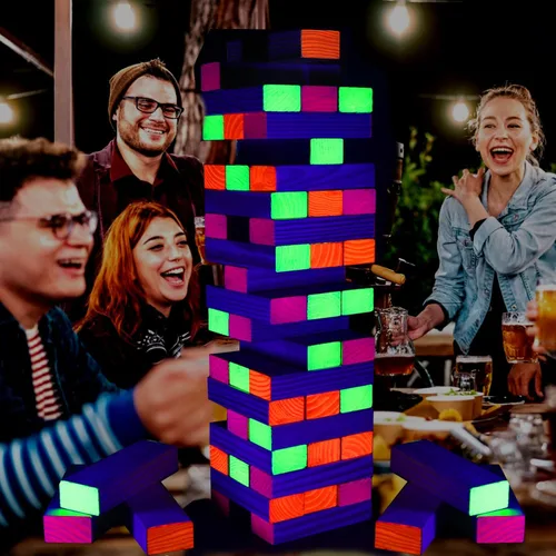 Miniatura 7 de Ahuimeius Juego de 54 piezas de torre gigante para exteriores, juego de torre que brilla en la luz negra, juego de mesa al aire libre para adultos