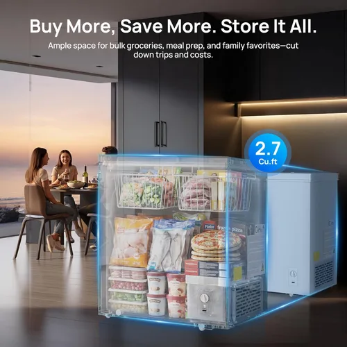 Miniatura 8 de Congelador de pecho de 2.7 pies cúbicos, pequeño y compacto con 7 termostatos ajustables, 2 cestas extraíbles, ahorro de energía, mini congelador