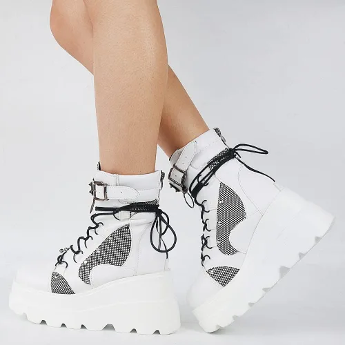 Miniatura 6 de Tscoyuki Botines de plataforma para mujer botines de tacón alto gruesos botas de combate góticas botas de combate para mujer con cordones cuñas
