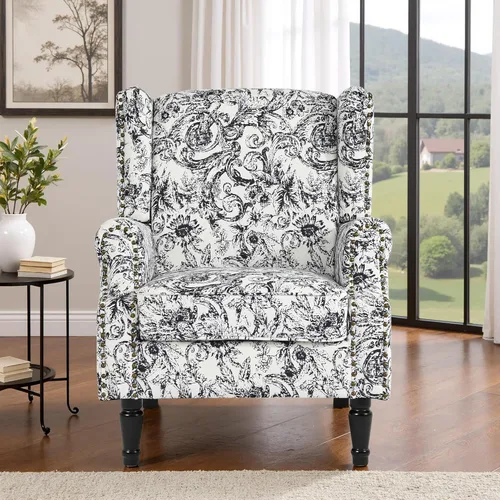Miniatura 14 de Silla reclinable tapizada, sillón de ala floral con respaldo y reposapiés ajustables, cómoda silla decorativa para leer, sofá individual