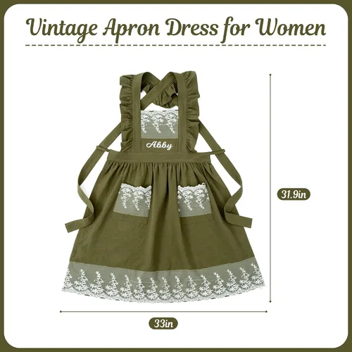 Miniatura 2 de Delantal vintage para mujer con bolsillos, delantales de chef personalizados con nombre para cocina, cocción, hornear, jardinería encaje verde