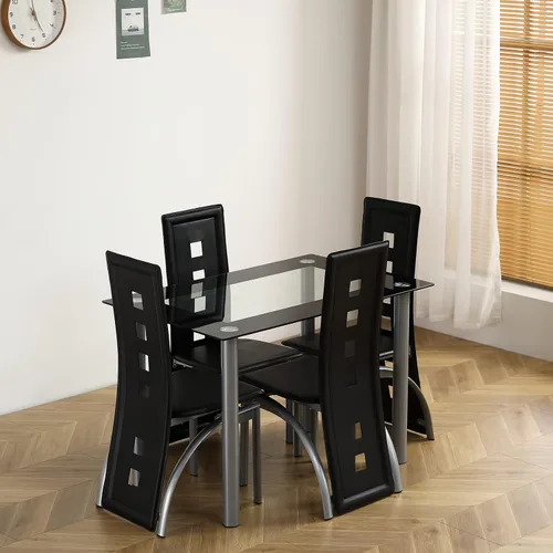 Miniatura 3 de Juego de mesa de comedor de 5 piezas para 4, juego de mesa de cocina contemporáneo con mesa de vidrio templado y 4 sillas de comedor de cuero