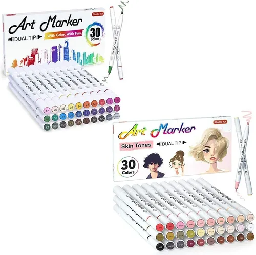 Shuttle Art Paquete de marcadores artísticos - Marcadores de alcohol de 30 colores + marcadores de tono de piel de 30 colores
