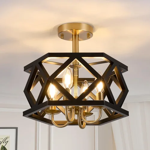 Miniatura 10 de Lámpara de techo semiempotrada negra, moderna lámpara de techo de metal, lámpara de techo de metal de 4 luces, lámpara de araña pequeña para Negro