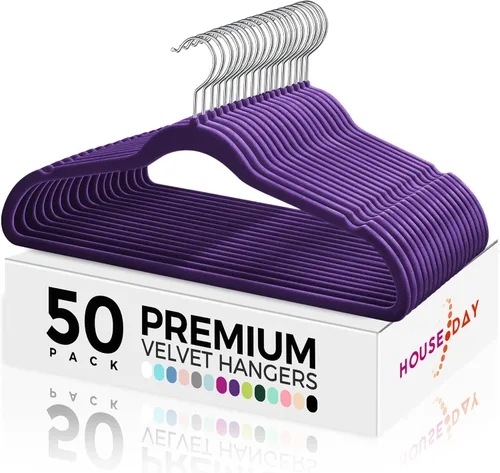 HOUSE DAY Paquete de 50 perchas de terciopelo de alta calidad, perchas de fieltro flocado antideslizantes, colgador de ropa resistente con gancho