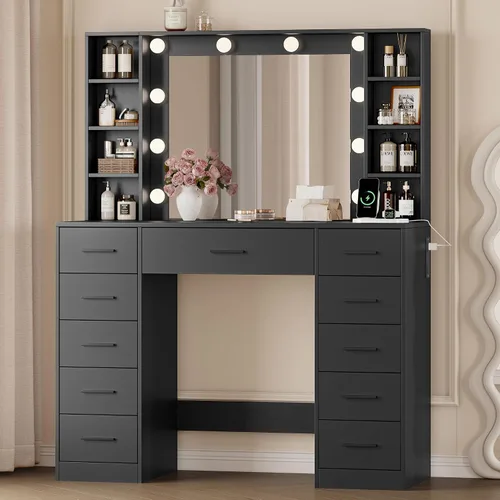 Miniatura 28 de Escritorio de maquillaje con espejo y luces, tocador negro de 43 pulgadas con parte superior de cristal, almacenamiento de joyas, 3 cajones