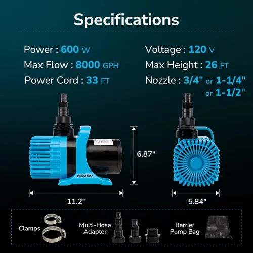 Miniatura 2 de Hexago Bomba de agua sumergible de 8000 GPH, bomba de estanque de agua de 600 W con bolsa de barrera, cable de alimentación de 33 pies, bombas