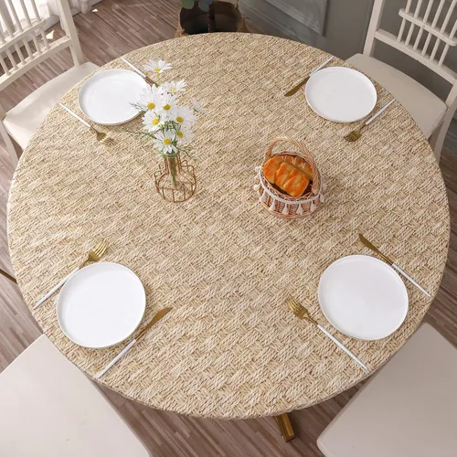 Miniatura 10 de Walrus Mantel redondo de vinilo ajustable con respaldo de franela, diseño de borde elástico, cubierta de mesa impermeable, a prueba de aceite