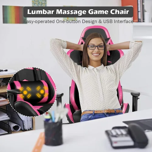 Miniatura 5 de Goplus Silla de juegos de masaje, respaldo reclinable, barandillas y ajuste de altura del asiento, silla de oficina para computadora de carreras