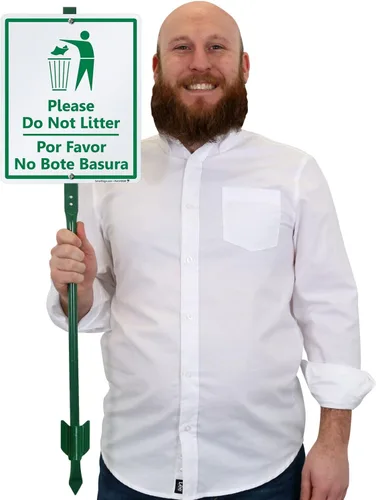 Miniatura 2 de SmartSign Letrero bilingüe LawnBoss® "Please - Do Not Litter" Letrero de aluminio de 10 x 12 pulgadas con estaca de 3 pies