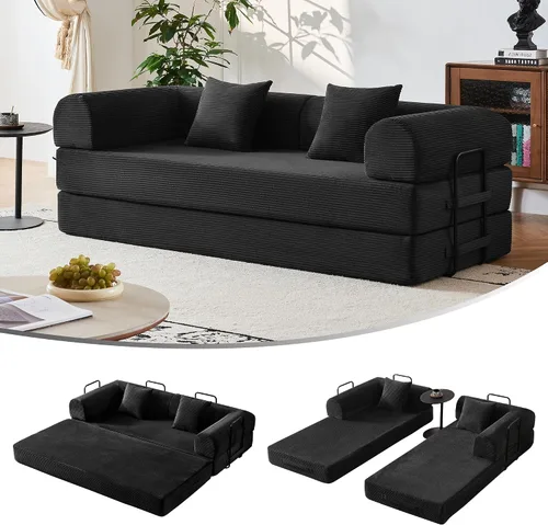 Sofá cama convertible 5 en 1 sin montaje, marco de acero fijo de 79 pulgadas con espuma de alta resistencia, sofá modular de pana plegable para Negro