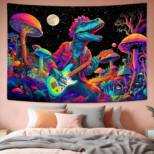 Miniatura 4 de SAOLUIS Tapiz de luz negra de dinosaurio, divertidos tapices de hongos de dinosaurio de neón reactivo a los rayos UV para colgar en la pared, tapiz