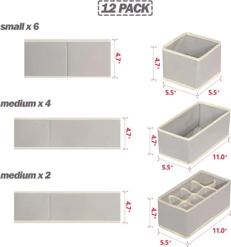 Miniatura 2 de Juego de 12 cajones plegables divisores de tela, caja de almacenamiento de armario, cómoda, cubo, contenedores de tela para ropa interior, Gris