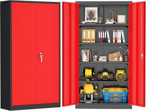 Miniatura 12 de Greenvelly Armario de almacenamiento de metal de 72 pulgadas de alto con 2 puertas y 4 estantes ajustables, gabinete de metal negro con cerradura