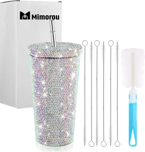 Miniatura 8 de Mimorou Botella de agua con diamantes brillantes y tachonados, con tapa, de acero inoxidable, térmica, con diamantes de imitación y 1 cepillo