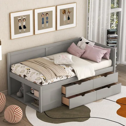 Miniatura 23 de Harper & Bright Designs Cama Capitán Tamaño Individual con Estanterías Integradas/3 Cajones de Almacenamiento/Cama Nido, Marco de Cama Diván