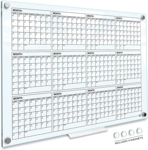 Miniatura 10 de Pizarra blanca magnética negra de vidrio de 34 x 46 pulgadas, calendario anual, pizarra blanca, calendario de borrado en seco para pared, pizarra