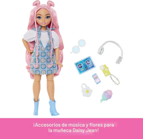 Miniatura 3 de Muñeca Barbie Dream Besties y Accesorios, Muñeca de Moda Posable Daisy Jean con Ropa Removible y Cabello Rosa Ondulado, 9 Piezas Temáticas de DJ
