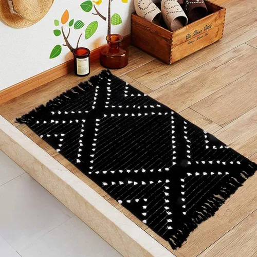 Miniatura 4 de LIVEBOX Alfombra de baño bohemia negra de 2x3 pies, alfombra de baño lavable, pequeñas alfombras tejidas de algodón, alfombra de área marroquí