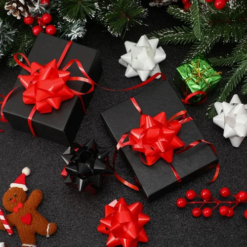 Miniatura 6 de Riceshoot 48 lazos de regalo autoadhesivos de Navidad con 8 rollos de cintas rizadoras de 3 pulgadas, lazos metálicos de Navidad para regalo