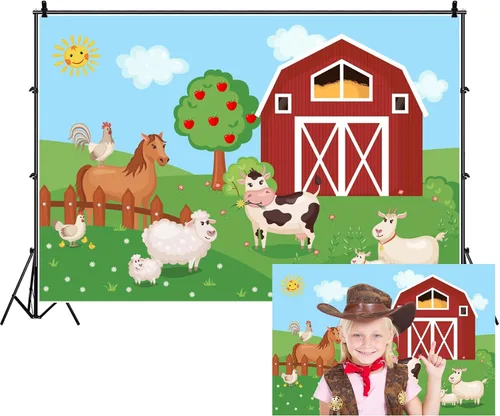 Renaiss Fondo de animales de granja de 5 x 3 pies, diseño de dibujos animados, puerta de granero roja, granjero, granja, granja, fotografía, fondo