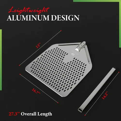 Miniatura 7 de The Italian Kitchen - Pala perforada para pizza, pala profesional de metal de 13 x 16.7 pulgadas, 27.3 pulgadas en total, funciona con todos