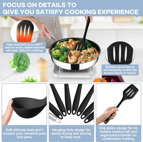 Miniatura 3 de TeamFar Juego de utensilios de cocina de silicona, 8 piezas, resistente al calor de 446 °F, espátula, cuchara, batidor, utensilios de cocina Negro