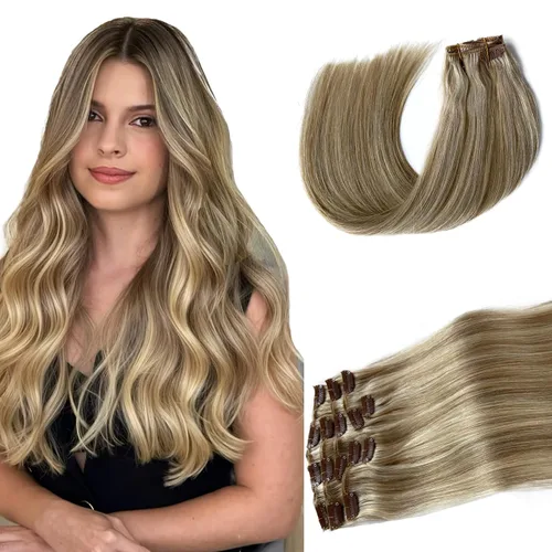 Miniatura 29 de Extensiones de cabello con clip sin costuras de cabello humano real, extensiones de cabello natural negro real con clip 7 piezas 100 g 36 cm