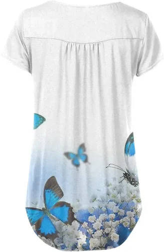 Miniatura 4 de Summer Womens Low Neck Short Sleeve Tops Floral Printing T Shirt with Buckle Pleat Casual Slim Tee Blouse for Teen Girl